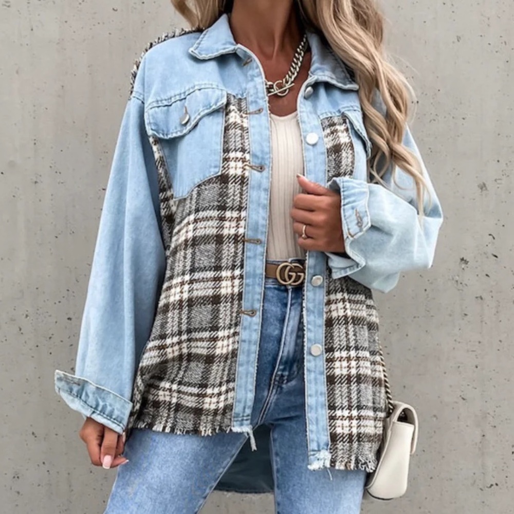 Denim Plaid Patchwork Frayed Hem Jacket - image 1